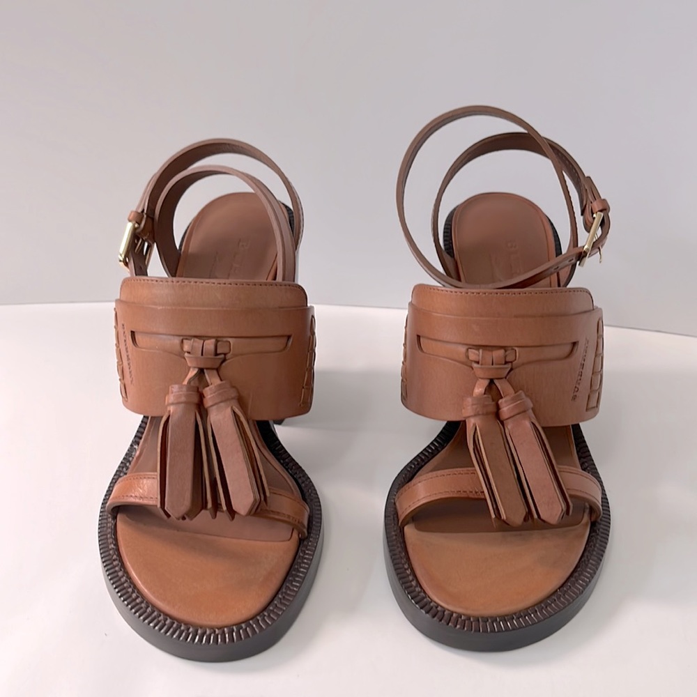Burberry Open ToeTassel Block Heel Leather Sandal, Cognac, 7.5